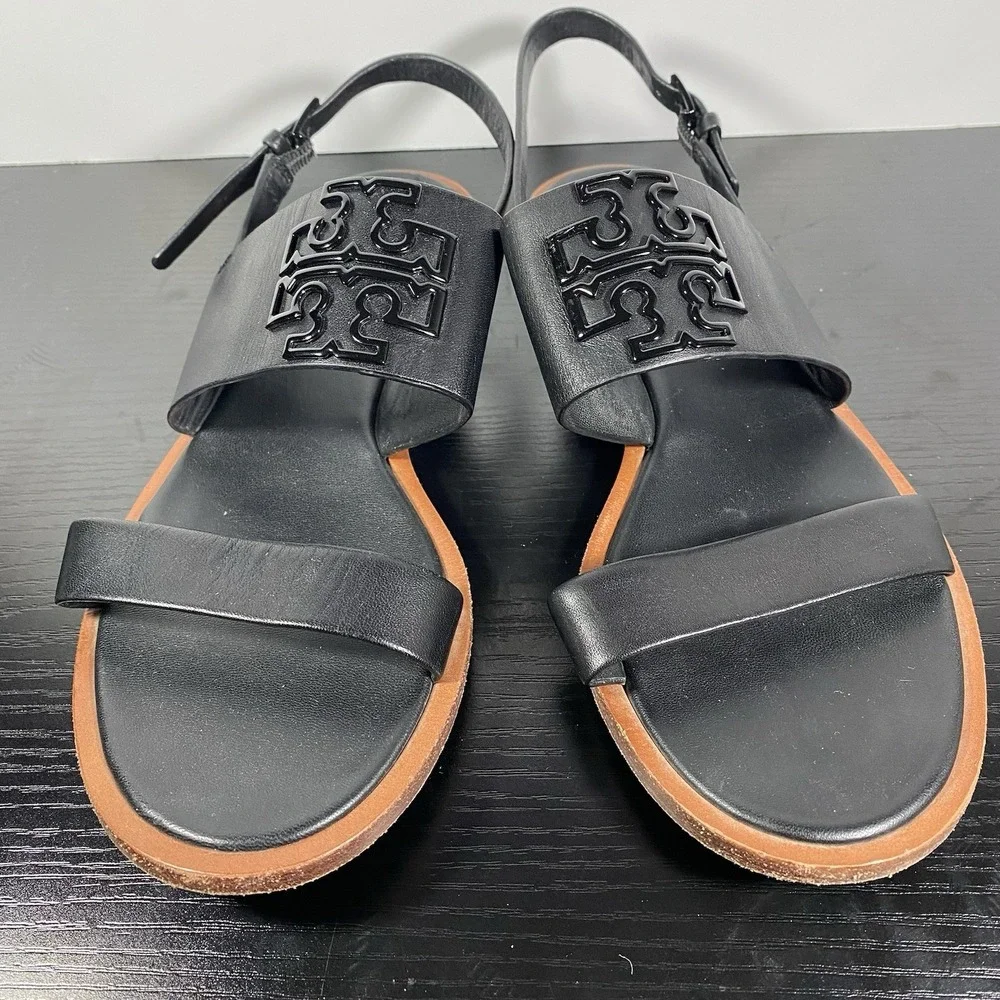 TORY BURCH Melinda Black Logo Strappy Flat Sandal size 7M Womens
